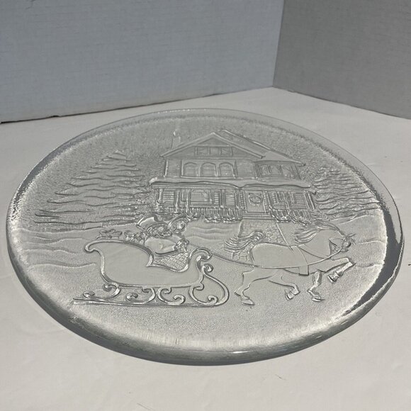 Vintage Libbey Sleigh Ride Holiday Platter 12" Heavy Glass Christmas Made in USA - Picture 1 of 6